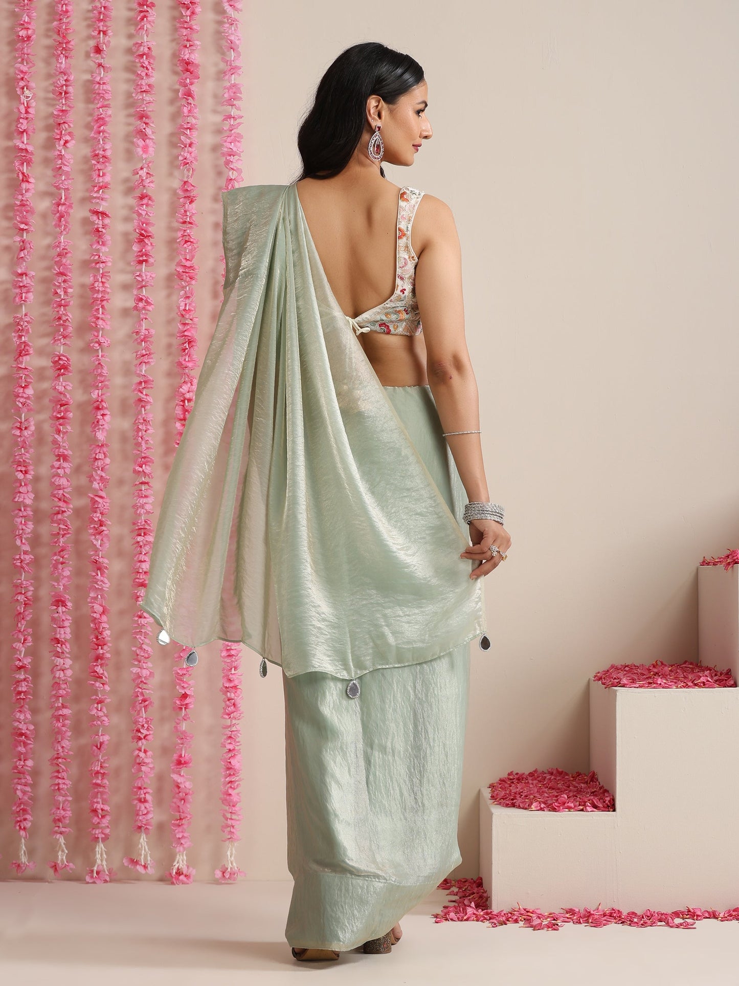 Dhiyona ST Light Blue Dual Shade Metallic Satin Saree with Pendants and Self Blouse fabric