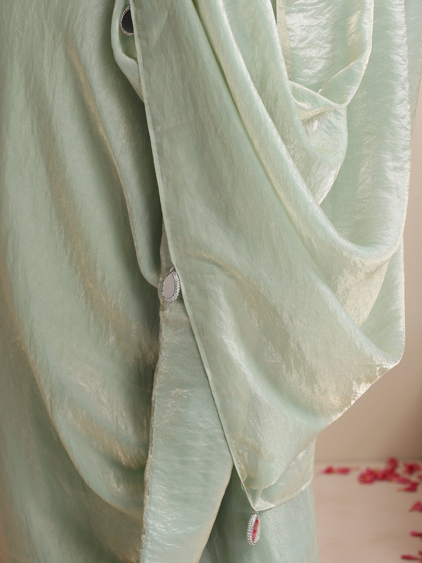 Dhiyona ST Light Blue Dual Shade Metallic Satin Saree with Pendants and Self Blouse fabric