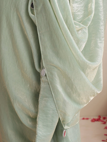 Dhiyona ST Light Blue Dual Shade Metallic Satin Saree with Pendants and Self Blouse fabric