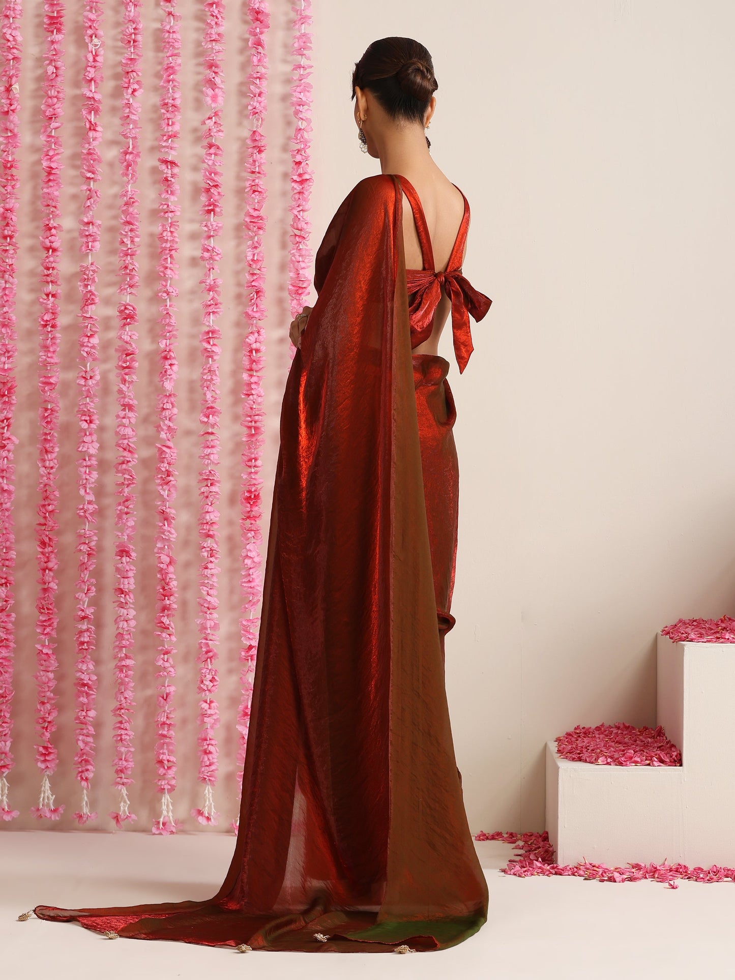Dhiyona ST Dual Shade Copper Red Metallic Satin Saree with Tassels & Matching Blouse Fabric