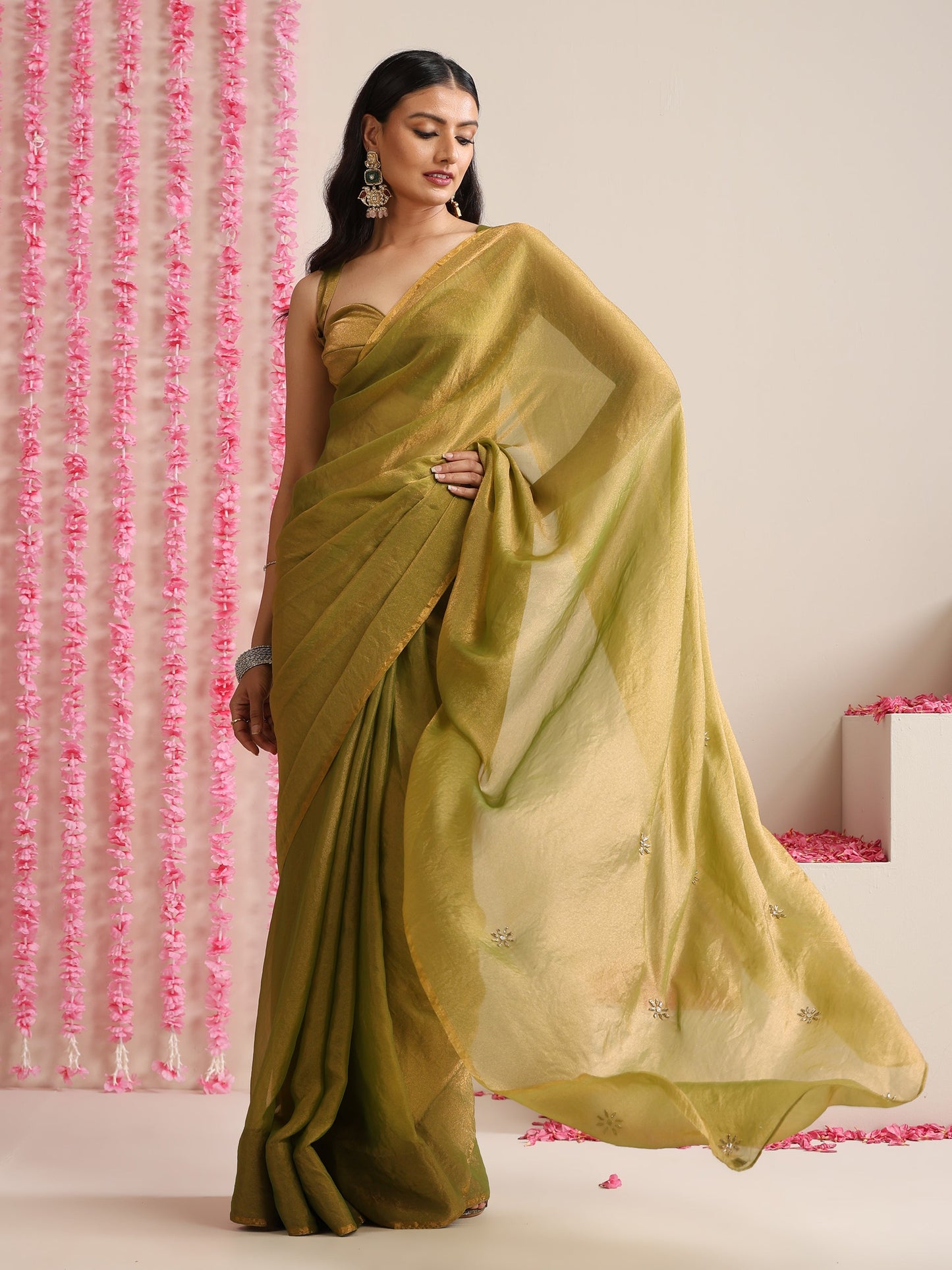 Dhiyona ST Olive Metallic Chiffon Saree with Kundan Work