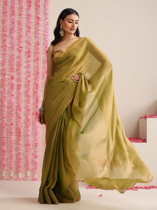 Dhiyona ST Olive Metallic Chiffon Saree with Kundan Work