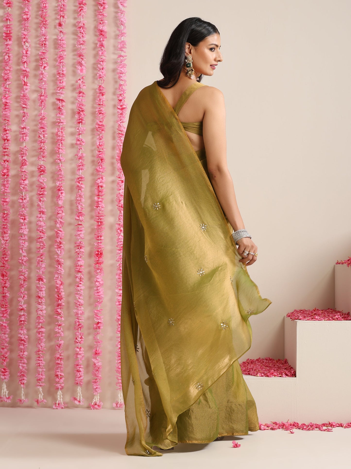 Dhiyona ST Olive Metallic Chiffon Saree with Kundan Work
