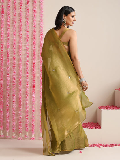 Dhiyona ST Olive Metallic Chiffon Saree with Kundan Work