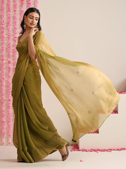 Dhiyona ST Olive Metallic Chiffon Saree with Kundan Work