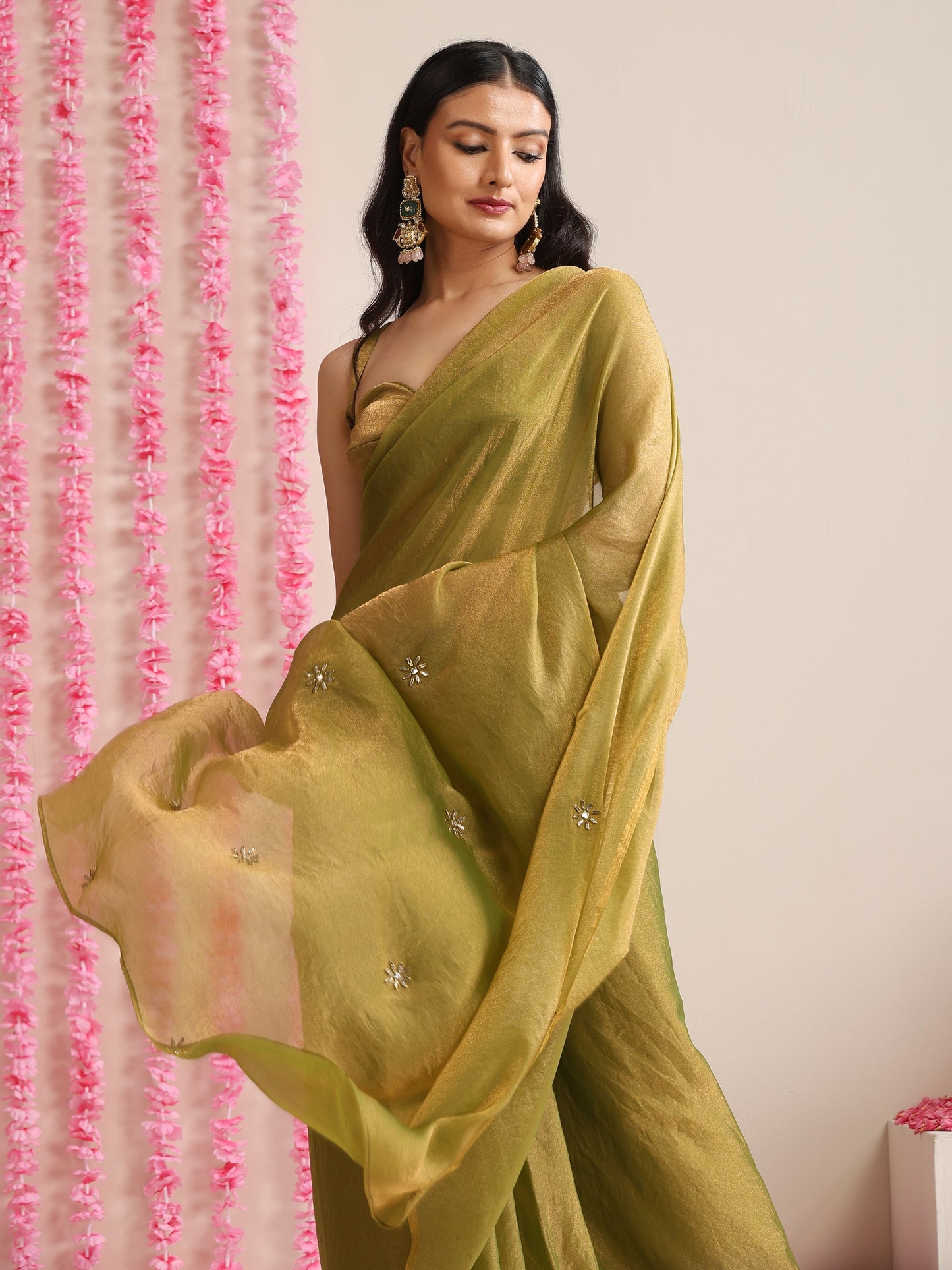 Dhiyona ST Olive Metallic Chiffon Saree with Kundan Work