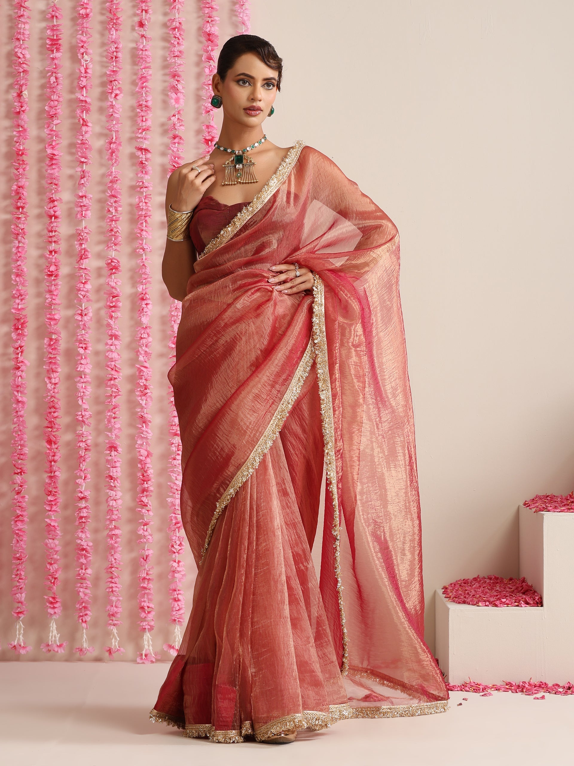 Dhiyona ST Red Magic Saree – Metallic Chiffon with Lace Edge & Matching Blouse Fabric