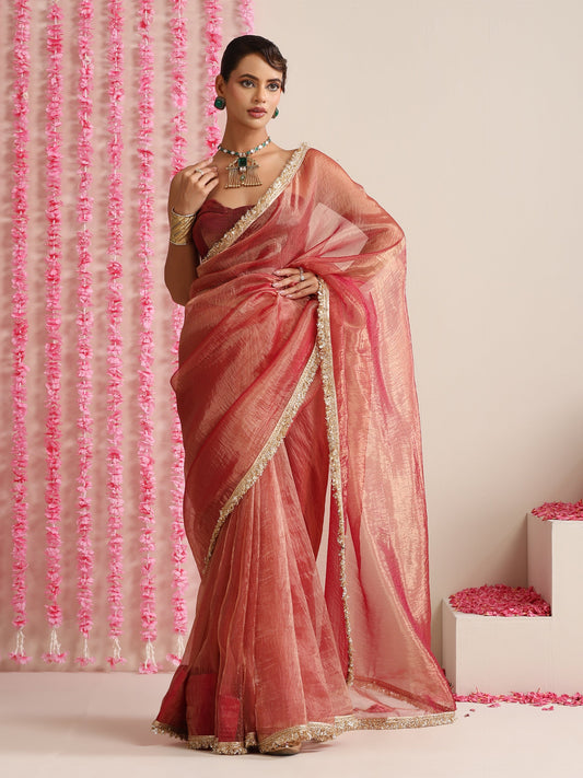 Dhiyona ST Red Magic Saree – Metallic Chiffon with Lace Edge & Matching Blouse Fabric
