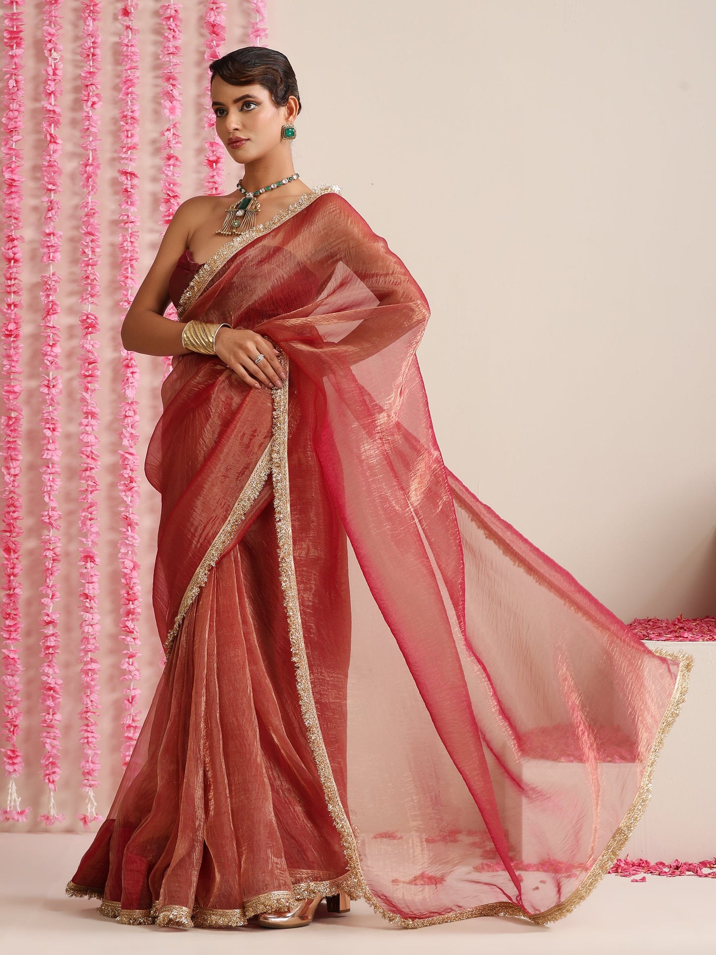 Dhiyona ST Red Magic Saree – Metallic Chiffon with Lace Edge & Matching Blouse Fabric