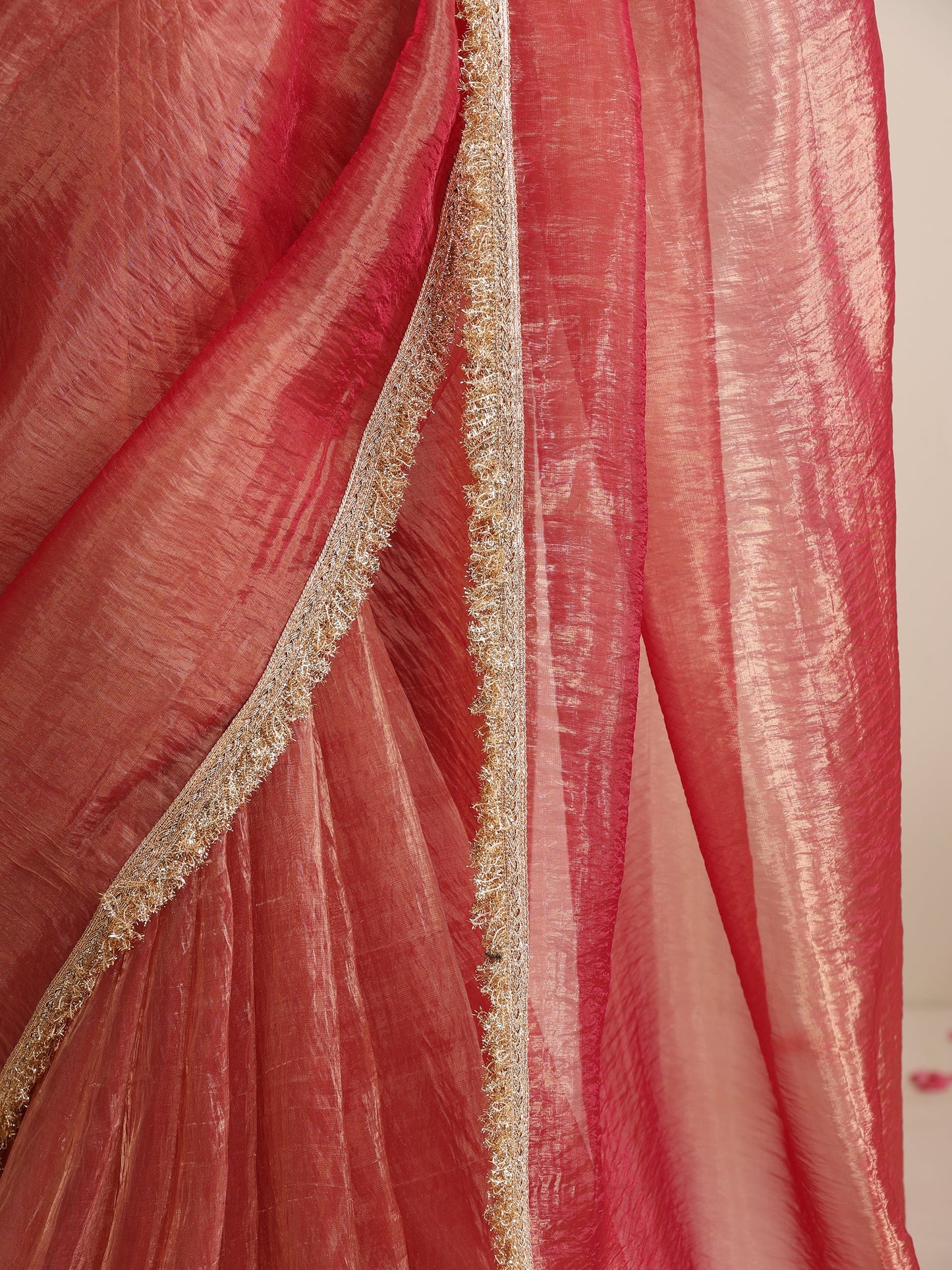 Dhiyona ST Red Magic Saree – Metallic Chiffon with Lace Edge & Matching Blouse Fabric