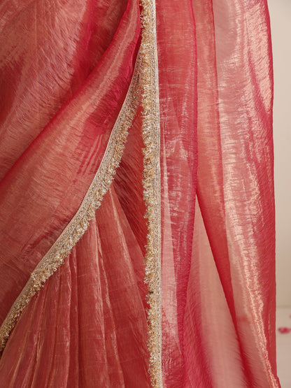 Dhiyona ST Red Magic Saree – Metallic Chiffon with Lace Edge & Matching Blouse Fabric
