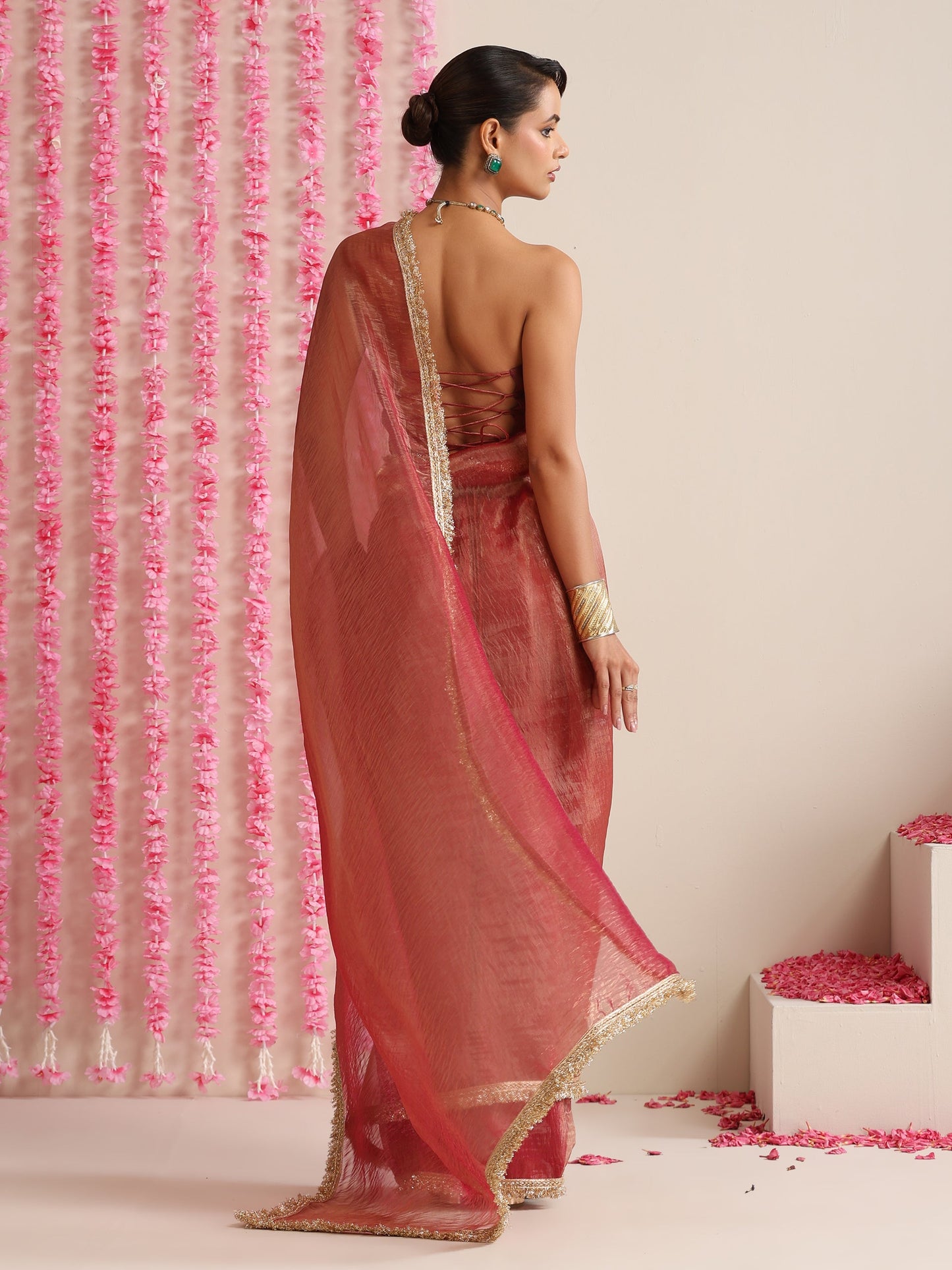 Dhiyona ST Red Magic Saree – Metallic Chiffon with Lace Edge & Matching Blouse Fabric
