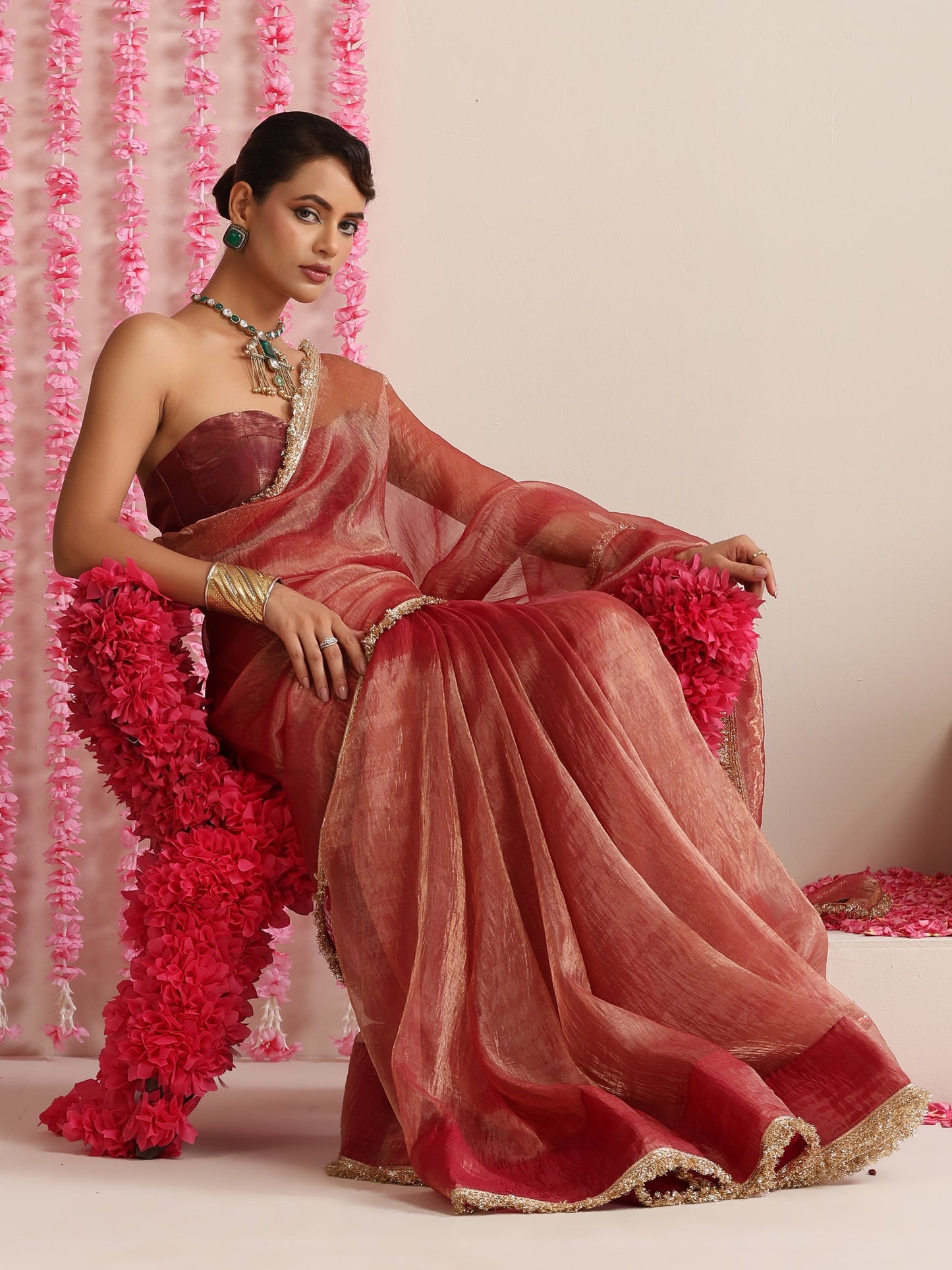 Dhiyona ST Red Magic Saree – Metallic Chiffon with Lace Edge & Matching Blouse Fabric