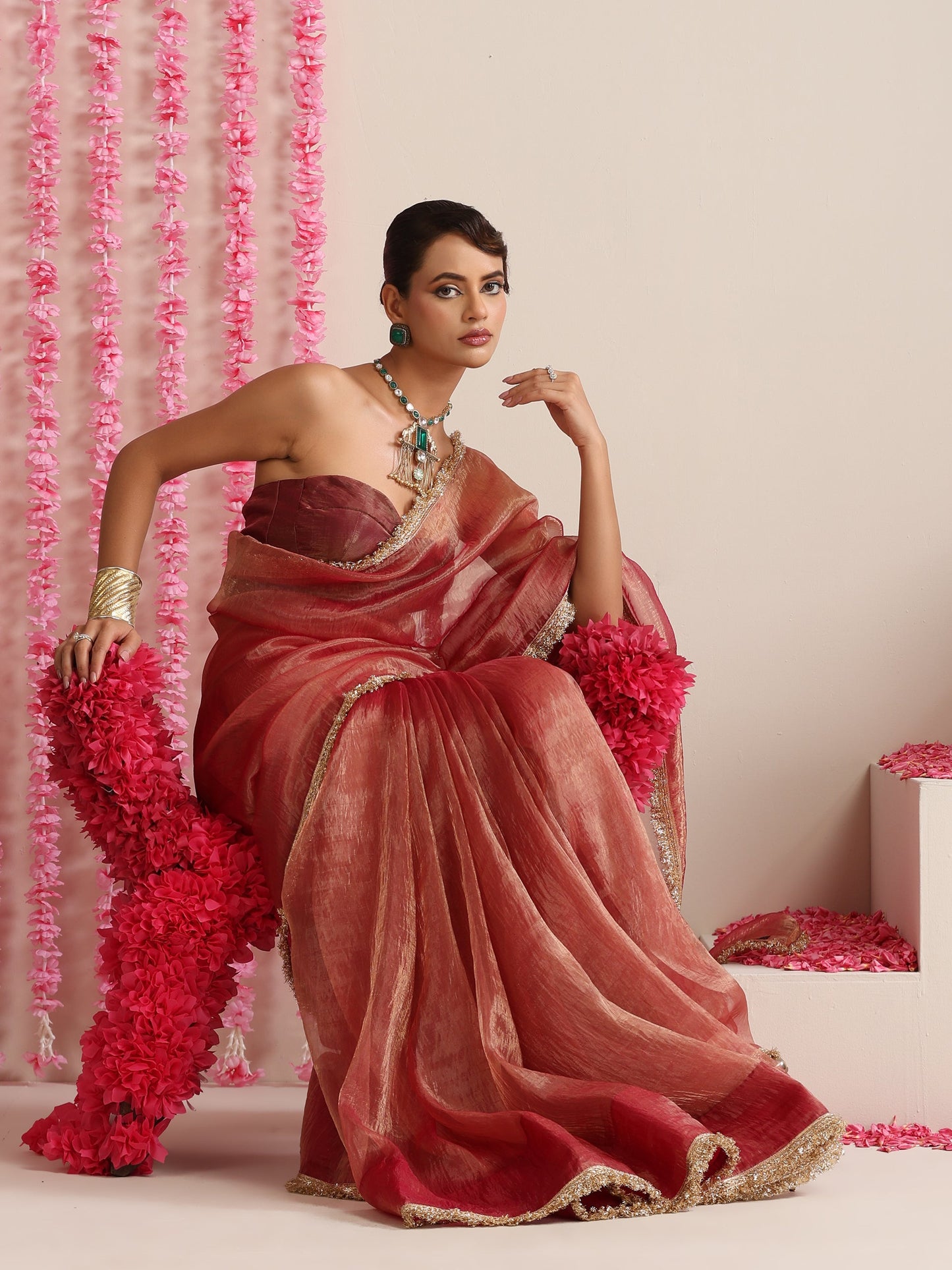 Dhiyona ST Red Magic Saree – Metallic Chiffon with Lace Edge & Matching Blouse Fabric