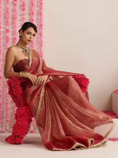 Dhiyona ST Red Magic Saree – Metallic Chiffon with Lace Edge & Matching Blouse Fabric