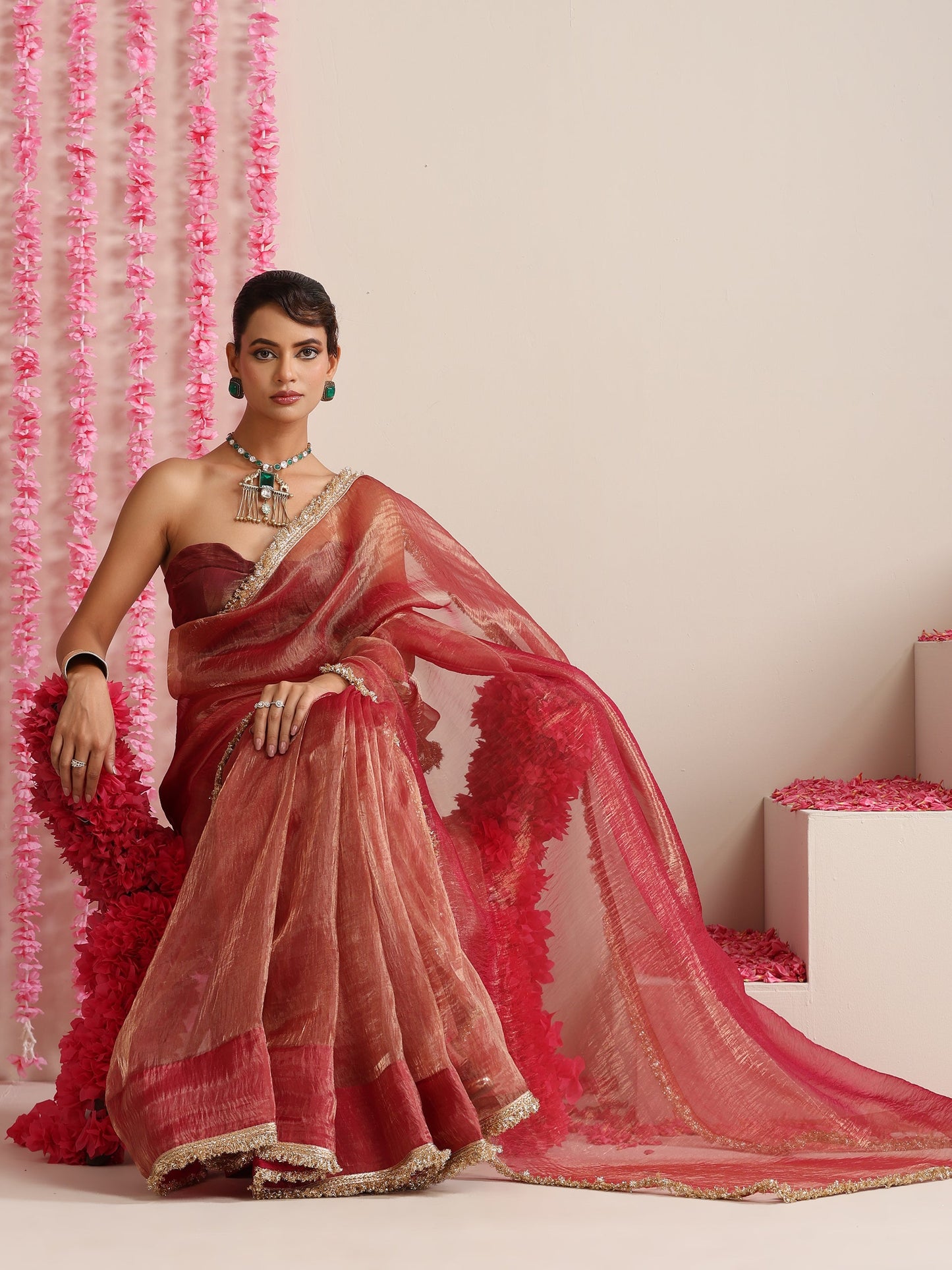 Dhiyona ST Red Magic Saree – Metallic Chiffon with Lace Edge & Matching Blouse Fabric