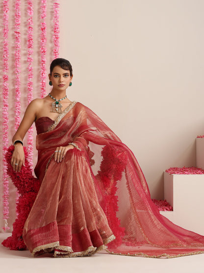 Dhiyona ST Red Magic Saree – Metallic Chiffon with Lace Edge & Matching Blouse Fabric