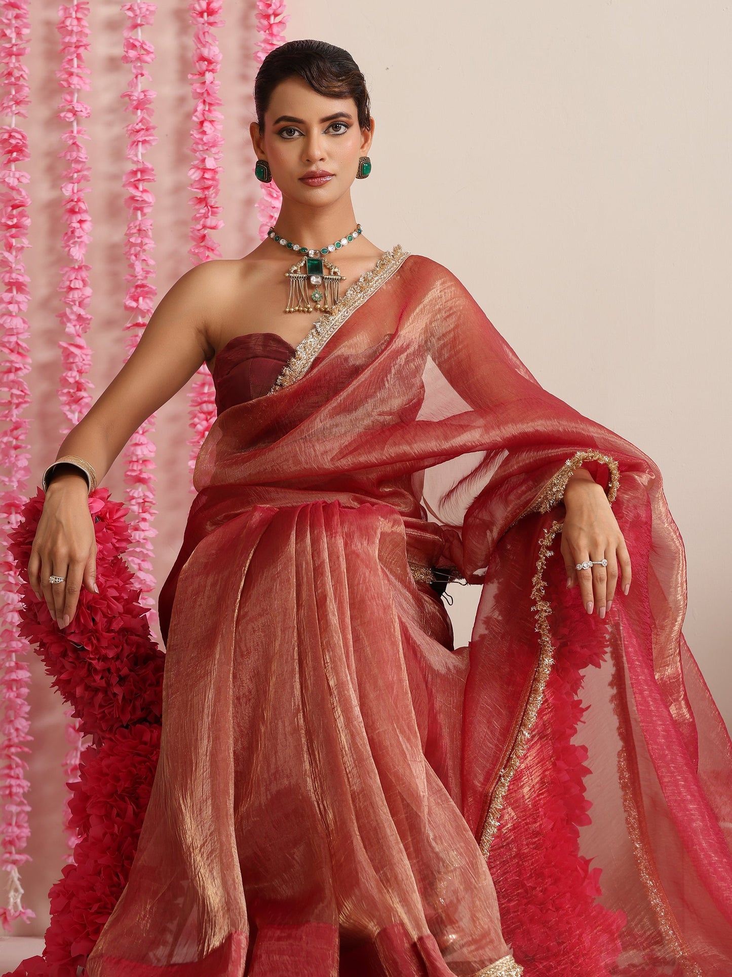 Dhiyona ST Red Magic Saree – Metallic Chiffon with Lace Edge & Matching Blouse Fabric