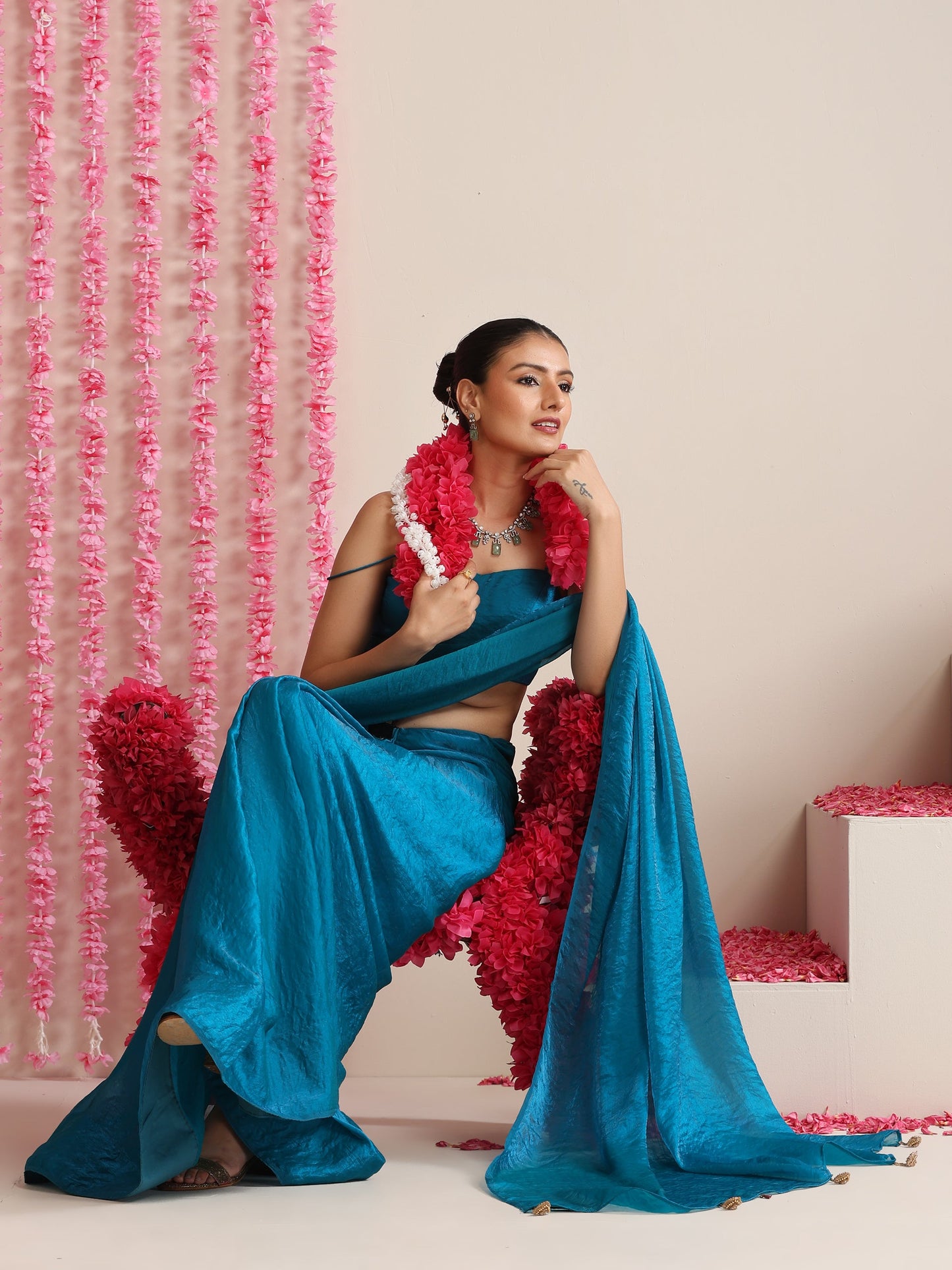 Dhiyona ST Topaz Blue Dual Shade Metallic Satin Saree with Tassels & Matching Blouse Fabric