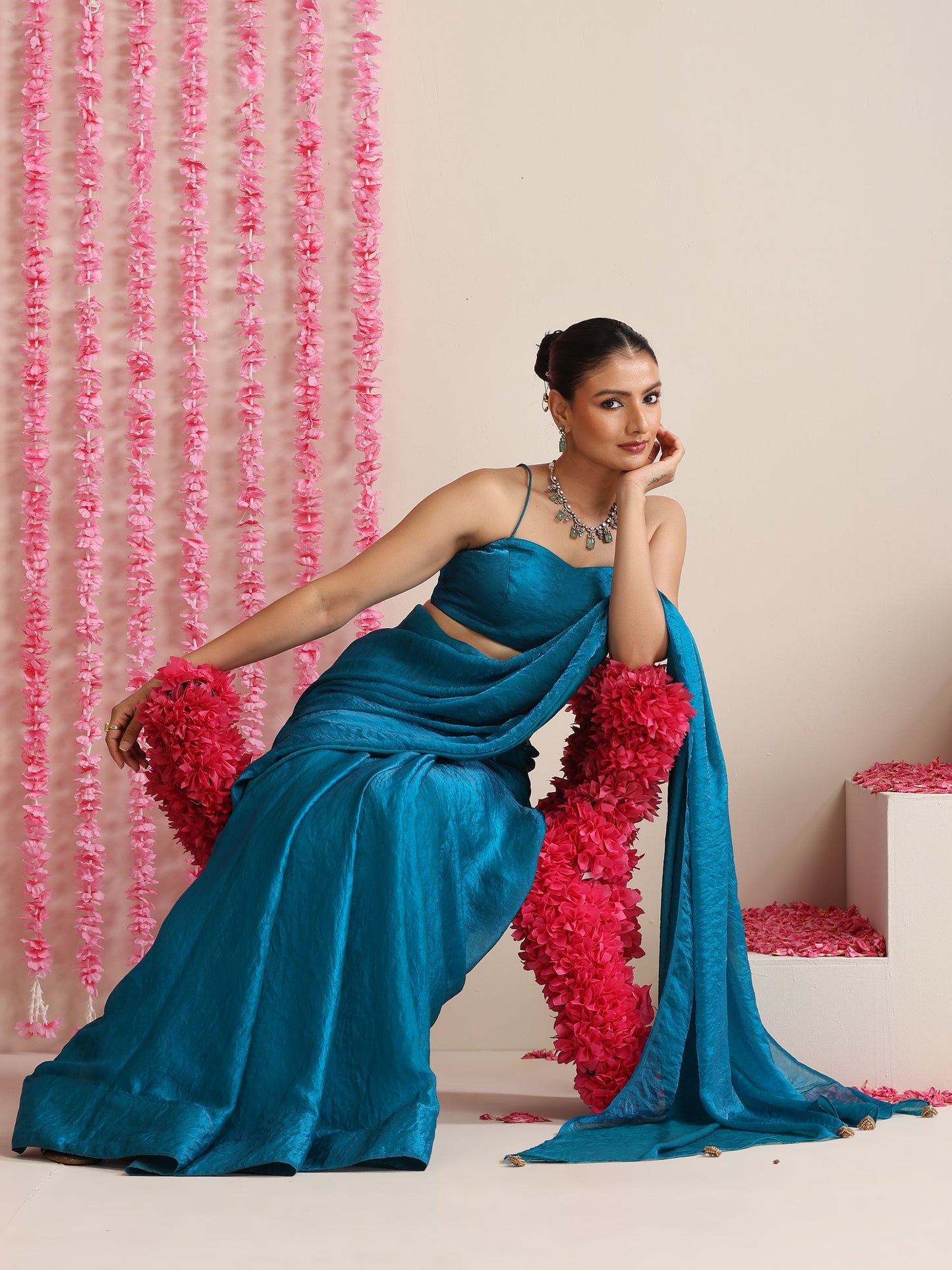 Dhiyona ST Topaz Blue Dual Shade Metallic Satin Saree with Tassels & Matching Blouse Fabric
