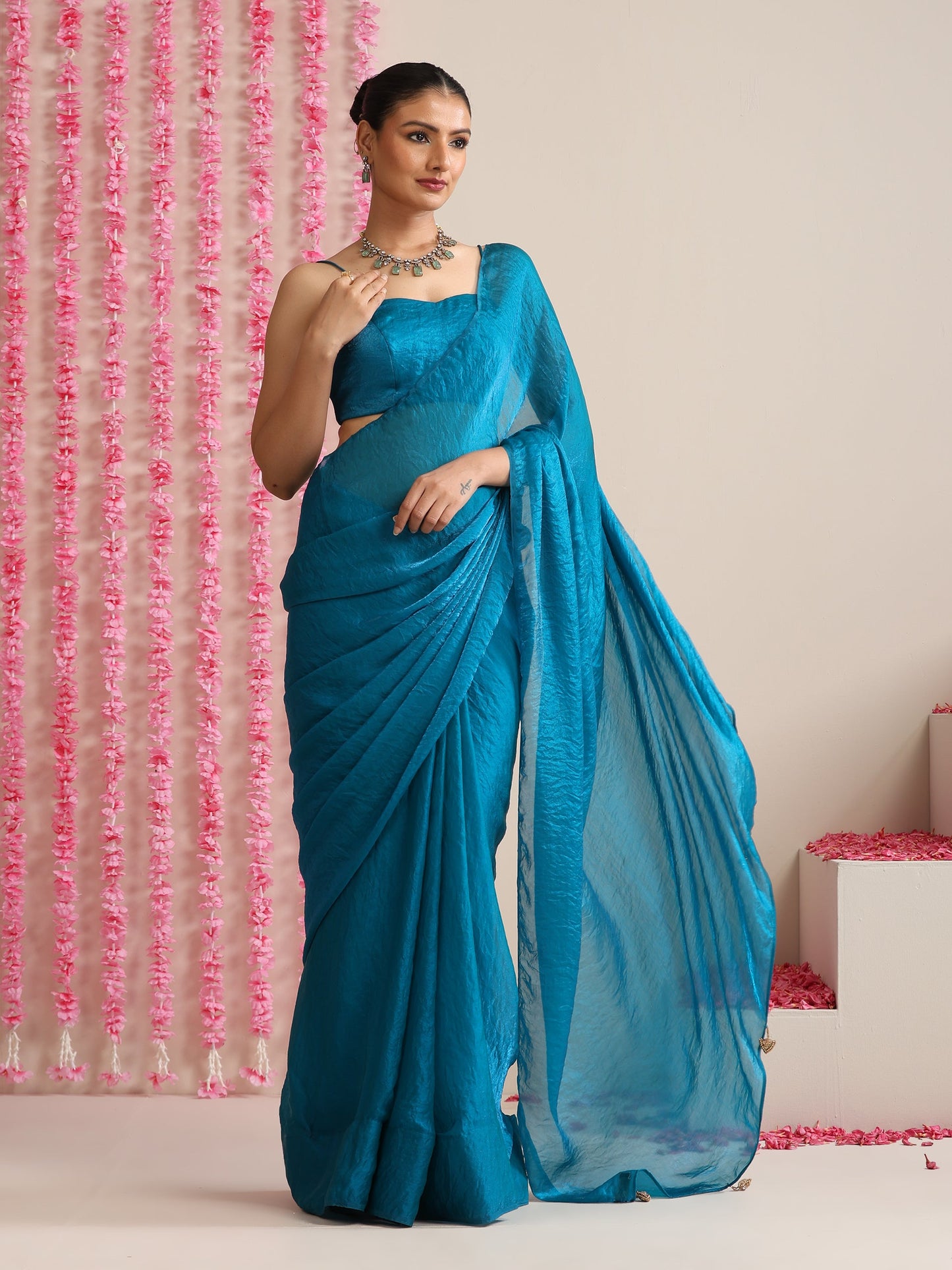 Dhiyona ST Topaz Blue Dual Shade Metallic Satin Saree with Tassels & Matching Blouse Fabric