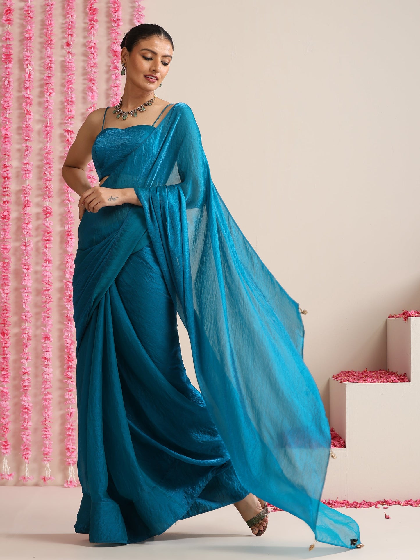 Dhiyona ST Topaz Blue Dual Shade Metallic Satin Saree with Tassels & Matching Blouse Fabric