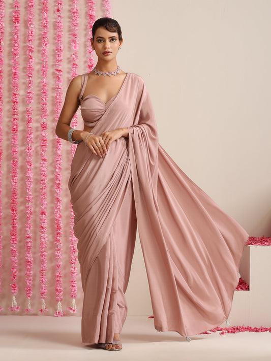 Dhiyona ST Politely Pink Crepe Saree with Mirror Pendants with Blouse Fabric