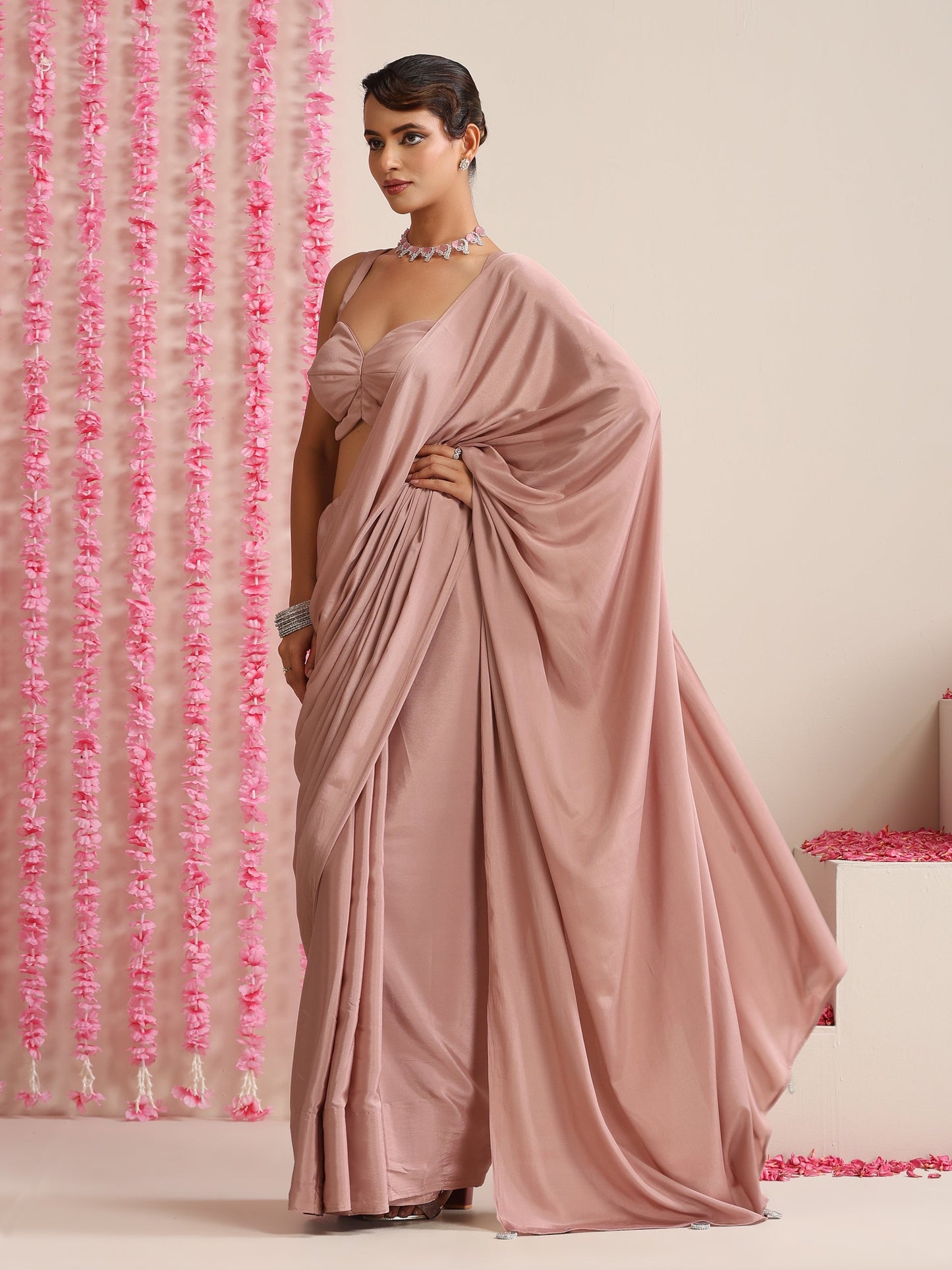 Dhiyona ST Politely Pink Crepe Saree with Mirror Pendants with Blouse Fabric