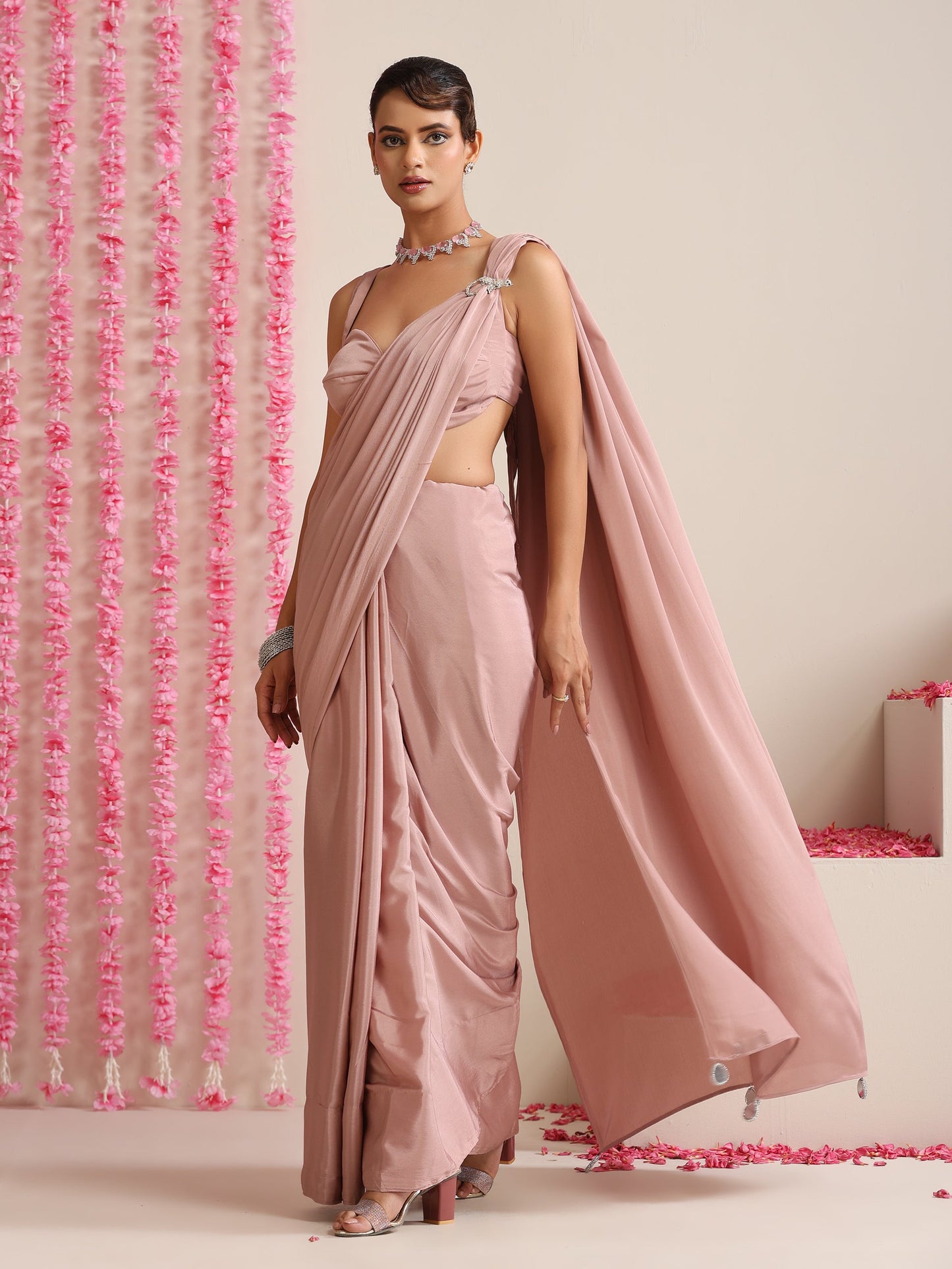 Dhiyona ST Politely Pink Crepe Saree with Mirror Pendants with Blouse Fabric
