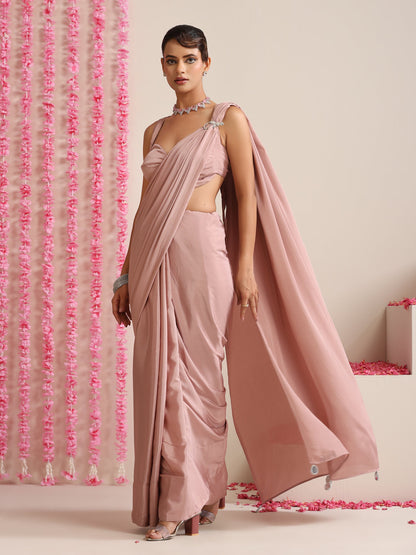 Dhiyona ST Politely Pink Crepe Saree with Mirror Pendants with Blouse Fabric