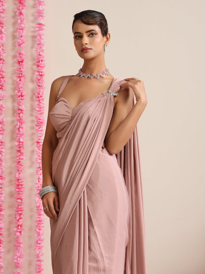 Dhiyona ST Politely Pink Crepe Saree with Mirror Pendants with Blouse Fabric