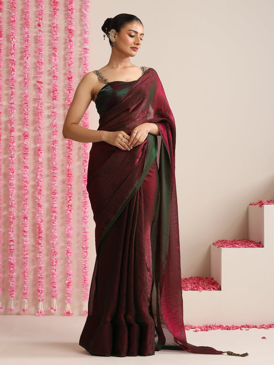 Dhiyona ST Enigmatic Elegance Saree – Dual-Shade Maroon-Green Metallic Satin with Pendants & Self Blouse Fabric