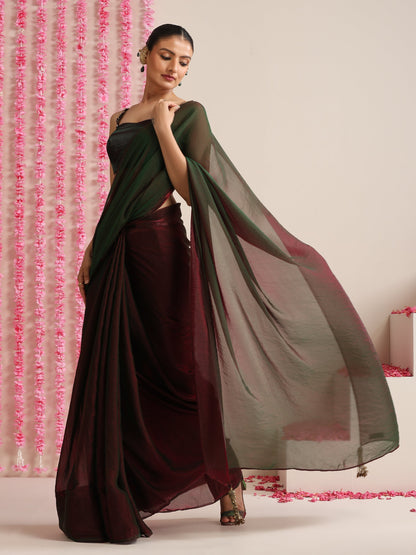 Dhiyona ST Enigmatic Elegance Saree – Dual-Shade Maroon-Green Metallic Satin with Pendants & Self Blouse Fabric