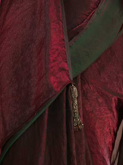Dhiyona ST Enigmatic Elegance Saree – Dual-Shade Maroon-Green Metallic Satin with Pendants & Self Blouse Fabric