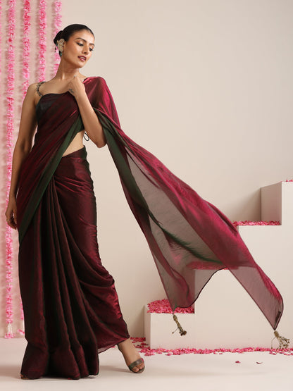Dhiyona ST Enigmatic Elegance Saree – Dual-Shade Maroon-Green Metallic Satin with Pendants & Self Blouse Fabric