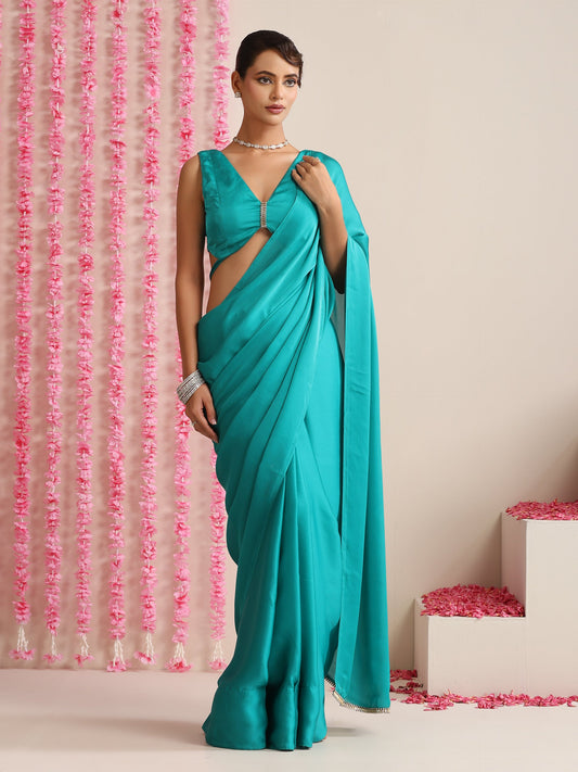 Dhiyona ST Jade Solid Satin Saree with Glamorous Lace and Blouse Fabric