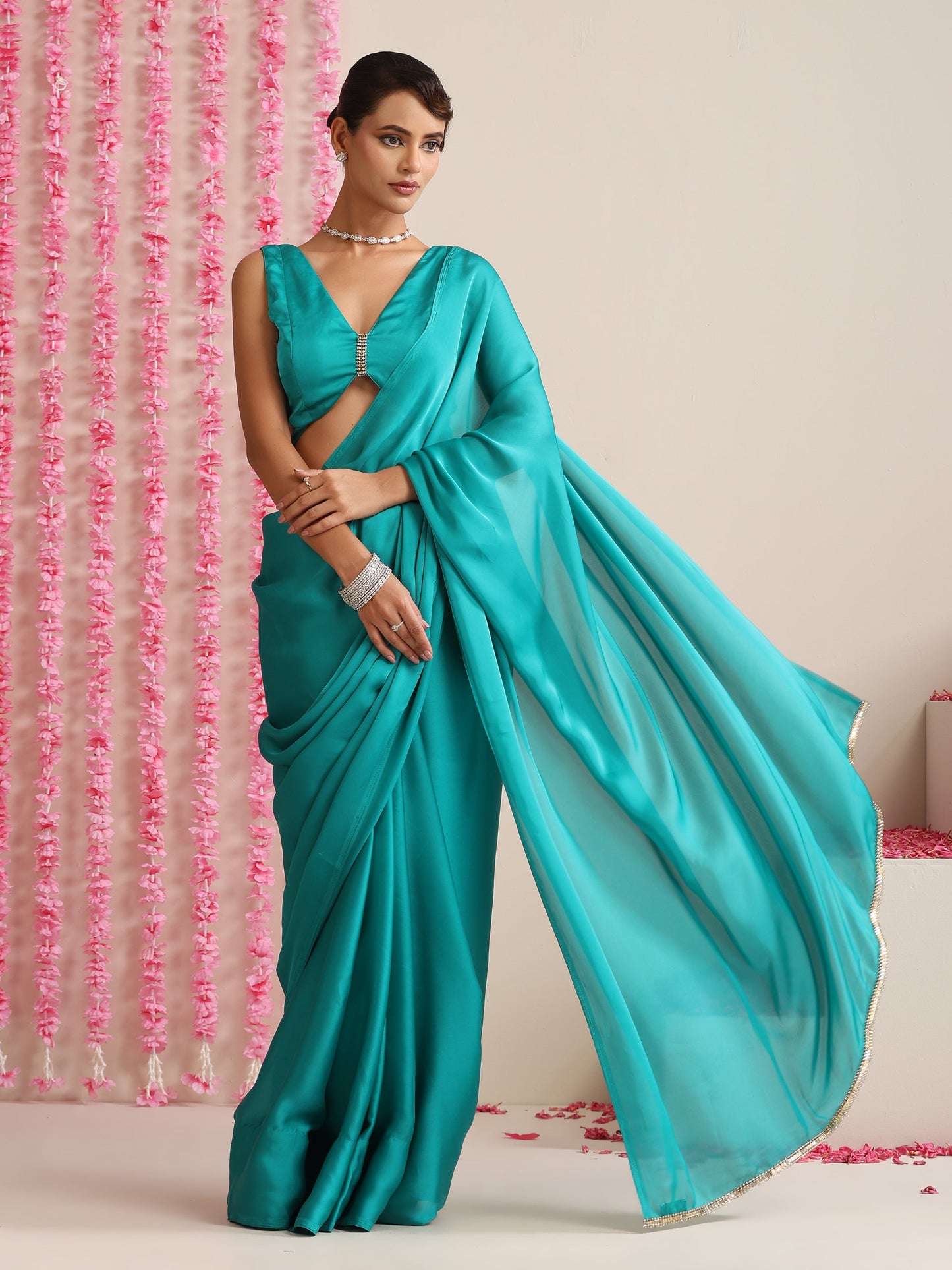 Dhiyona ST Jade Solid Satin Saree with Glamorous Lace and Blouse Fabric