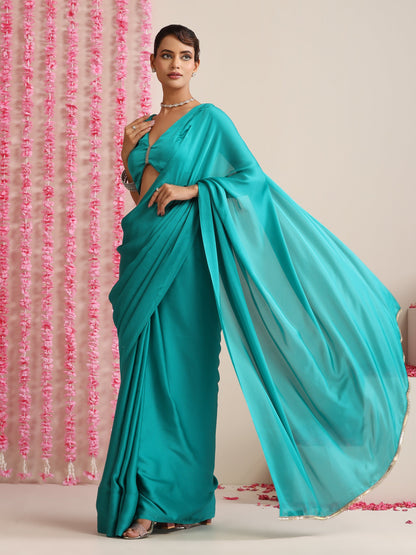 Dhiyona ST Jade Solid Satin Saree with Glamorous Lace and Blouse Fabric