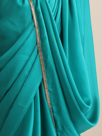 Dhiyona ST Jade Solid Satin Saree with Glamorous Lace and Blouse Fabric