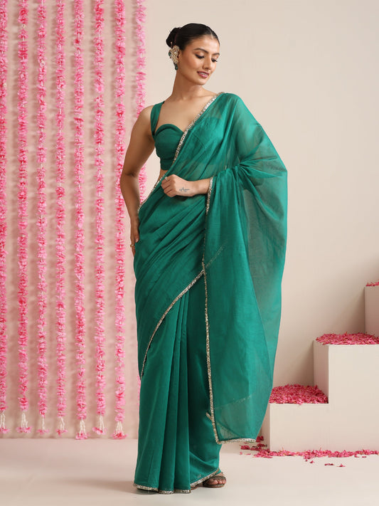 Dhiyona ST Green Cotton Chanderi Saree with Gold Border and Self Blouse Fabric