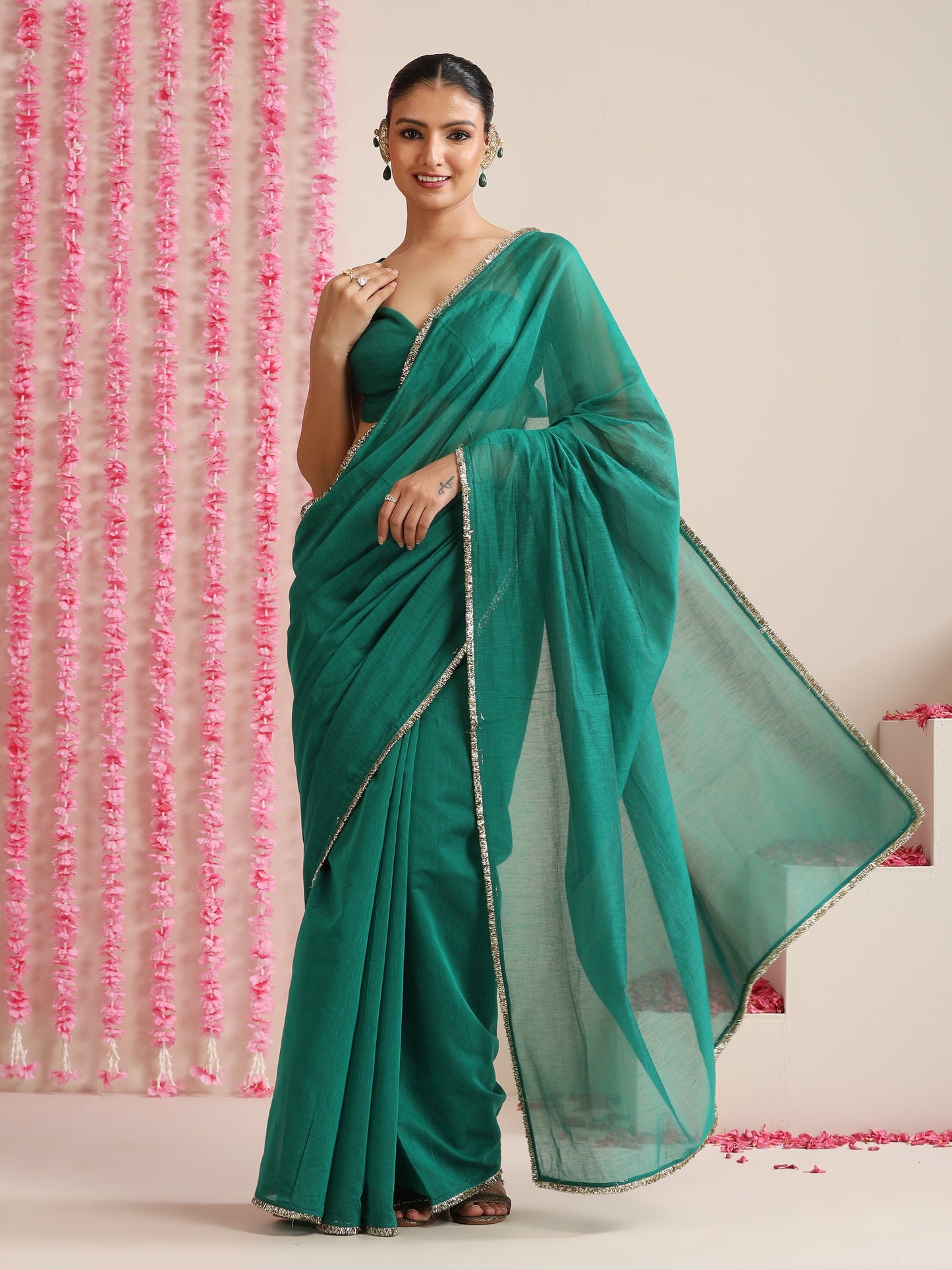 Dhiyona ST Green Cotton Chanderi Saree with Gold Border and Self Blouse Fabric