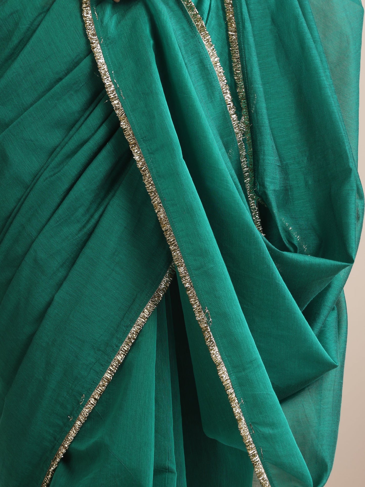 Dhiyona ST Green Cotton Chanderi Saree with Gold Border and Self Blouse Fabric