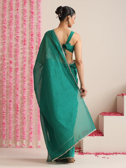 Dhiyona ST Green Cotton Chanderi Saree with Gold Border and Self Blouse Fabric