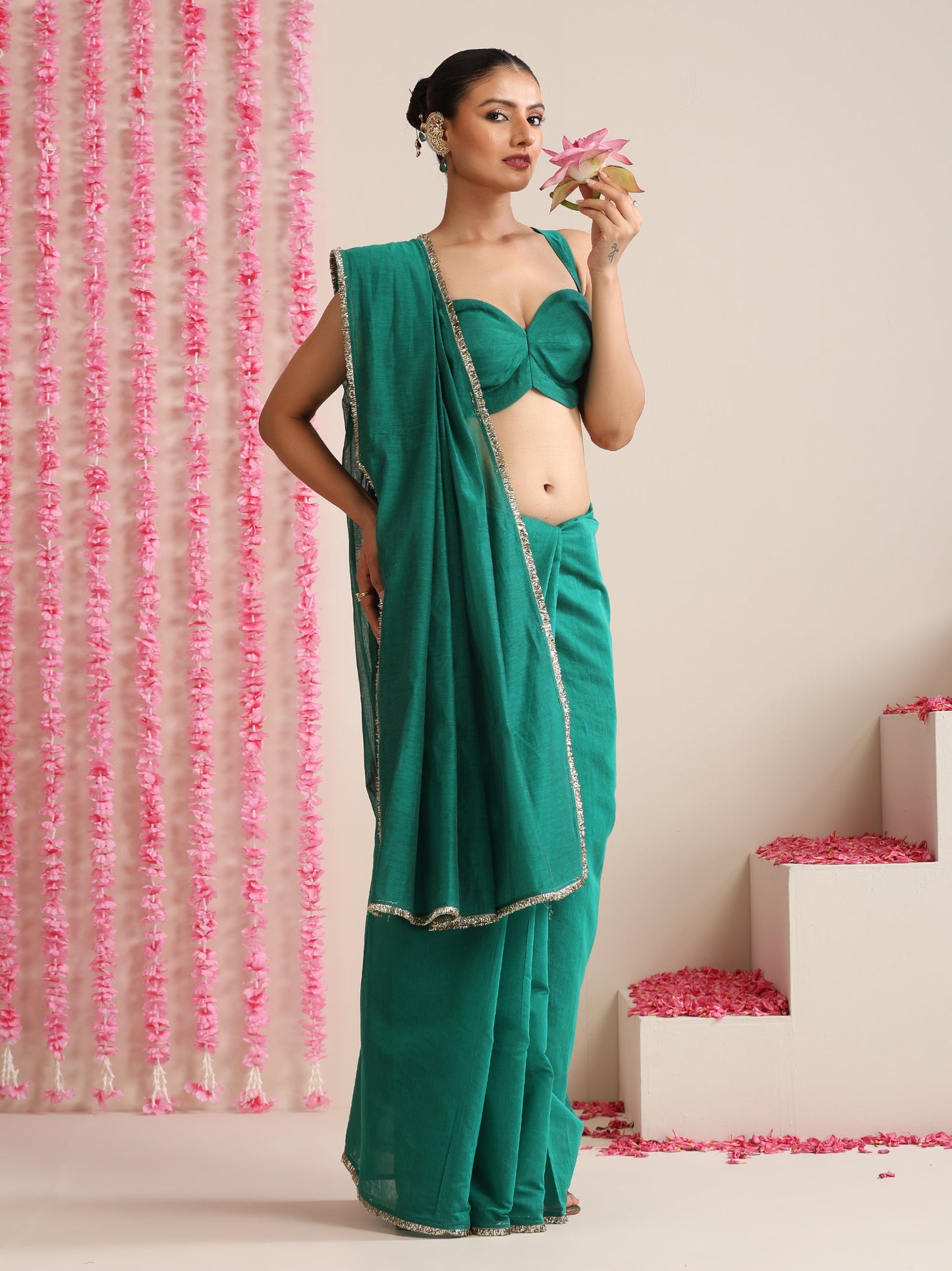 Dhiyona ST Green Cotton Chanderi Saree with Gold Border and Self Blouse Fabric
