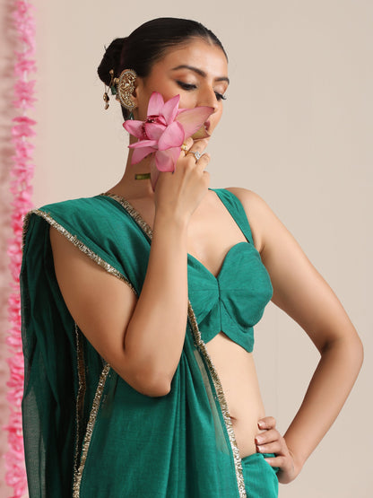 Dhiyona ST Green Cotton Chanderi Saree with Gold Border and Self Blouse Fabric