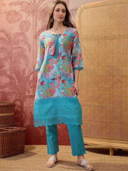 Floral Printed Round Neck Lace Hem Kurta & Trousers With Dupatta
