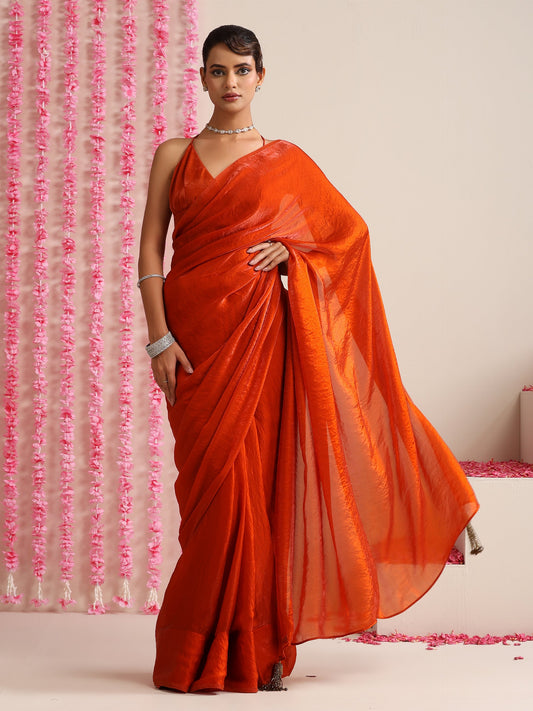 Dhiyona ST Burning Desire Saree – Dual-Shade Metallic Satin with Pendants & Blouse Fabric