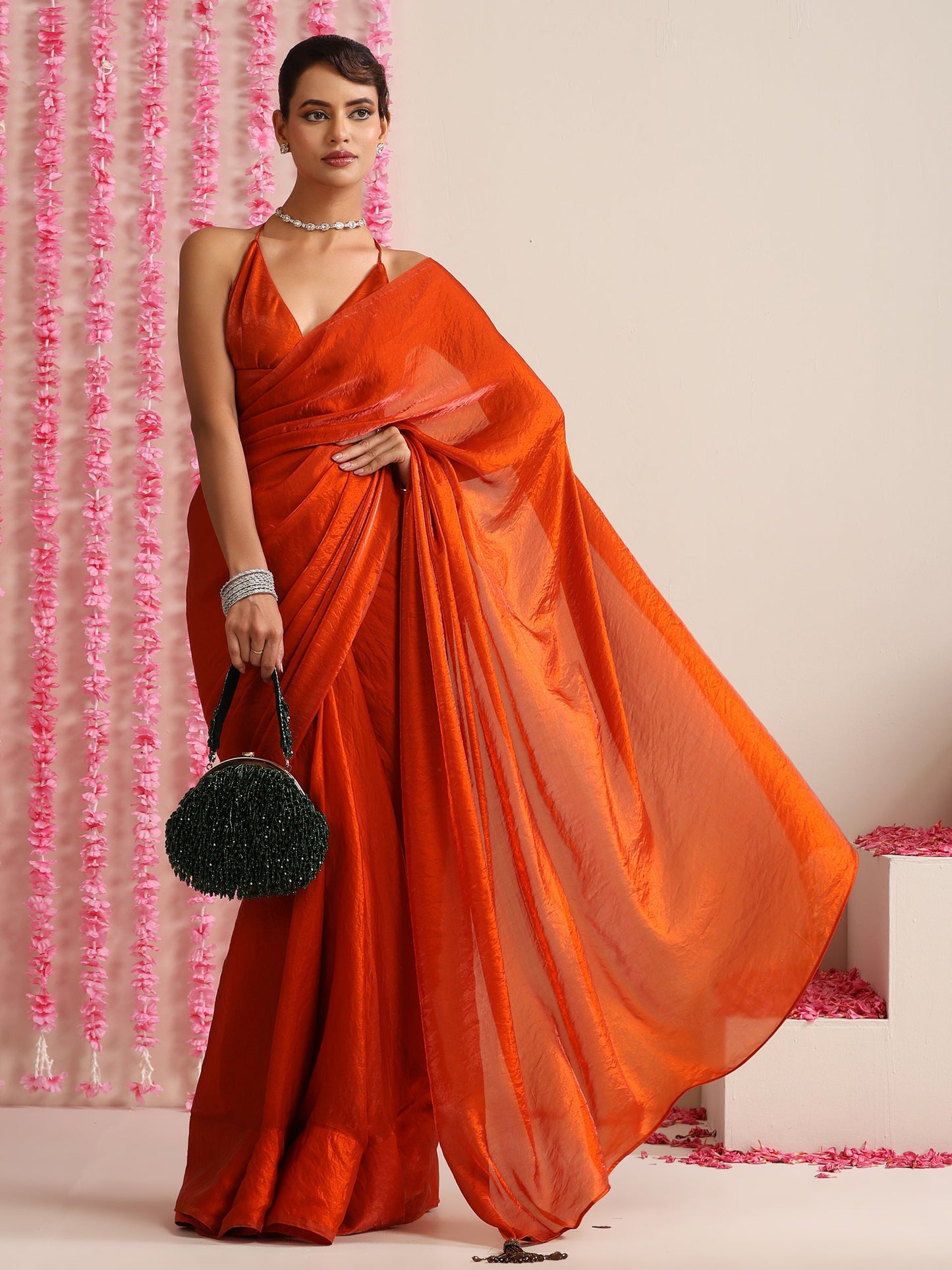 Dhiyona ST Burning Desire Saree – Dual-Shade Metallic Satin with Pendants & Blouse Fabric