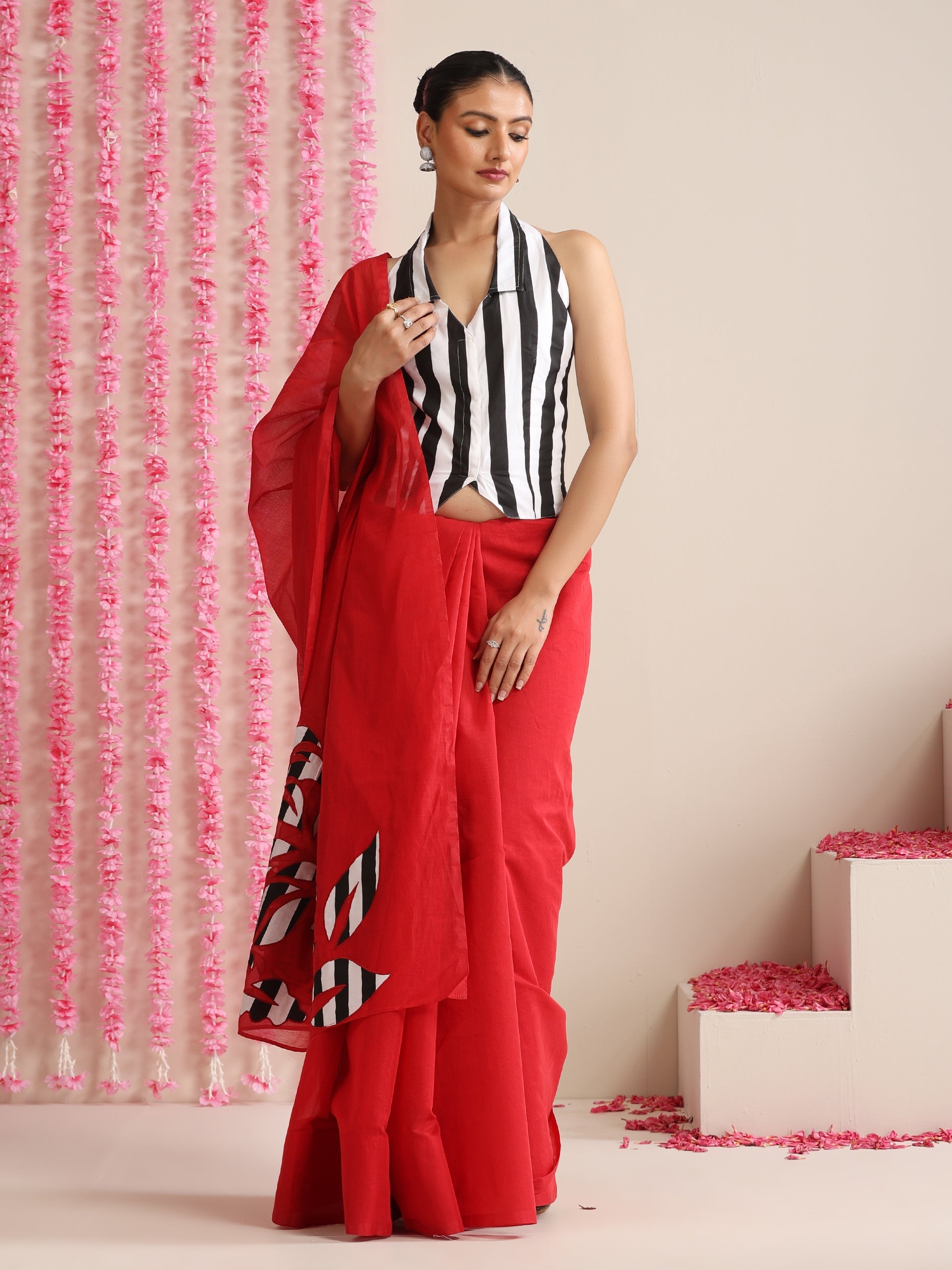 Dhiyona ST Red Cotton Chanderi Saree with Embroidery and Stripe Blouse Fabric