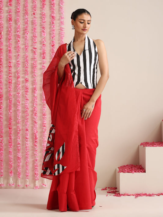 Dhiyona ST Red Cotton Chanderi Saree with Embroidery and Stripe Blouse Fabric